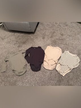 Set of 4 Long-Sleeve Baby Onesies - Sage, Navy, Cream, Striped